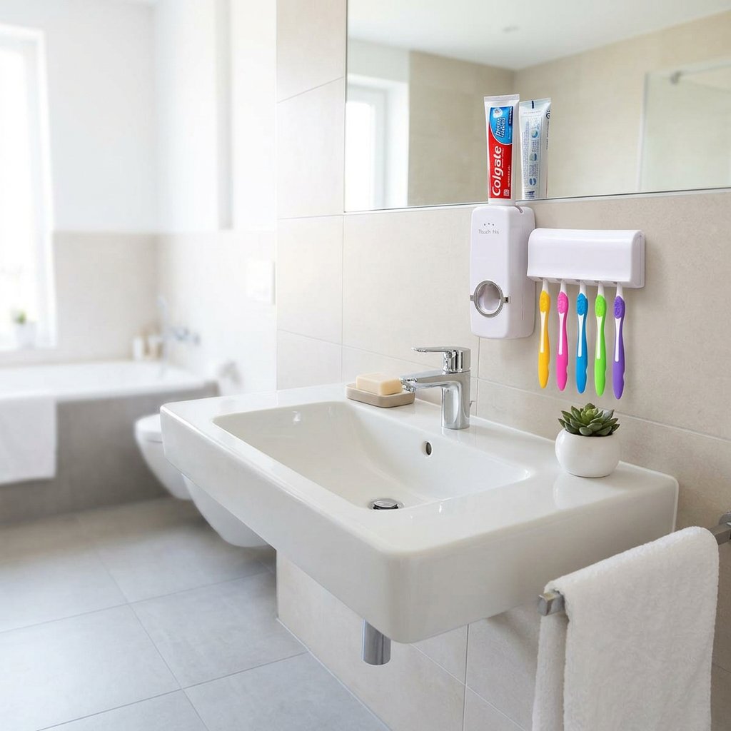 Automatic Toothpaste Dispenser with Toothbrush Holder – Wall-Mounted Bathroom Set